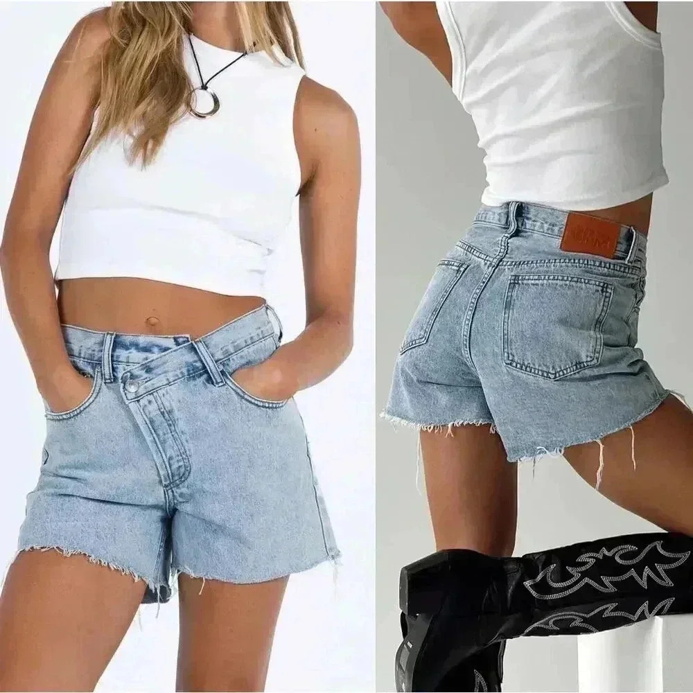 Princess Polly Xena Denim Shorts Blue Asymmetrical Cut Off Cotton Size 8